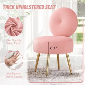 Furniliving Velvet Vanity Stool Vanity Chair with Back Makeup Chair for Vanity with Metal Legs, Mid Century Living Room Chair, Modern Chair for Dressing Room, Bedroom(Pink)