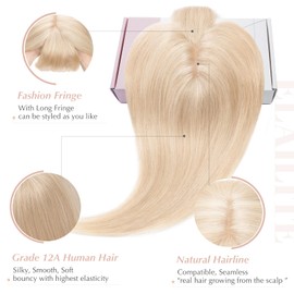 Elailite Hair Topper Extensions Women Toupee with Bang 100% Remy Real Hair 7 x 13 cm Base Clip in Hair Thickening #18P613 Ash Blonde / Bleached Blonde - 25 cm