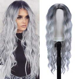 30 inch Long Wavy Wigs for Women Middle Part Curly Wave Hair Wig Dark Roots Grey Body Wave Wigs Natural Looking Heat Resistant Synthetic Full Wigs for Daily Party Cosplay Costumes(30",1B/Grey)