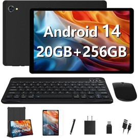 POWMUS Android 14 Educational Gaming 256GB Tablet with Dual Camera and Silicone Case, 20GB(8+12)RAM 256GB Storage Tablet 2TB Expandable, 10.36 inch 2000*1200 IPS 4K Big Screen, Octa-Core Tablet PC with Keyboard & Mouse - Color: X608 Android 14 - Black
