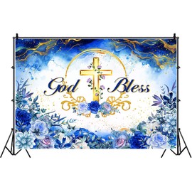 HANSHUAI God Bless Backdrop First Holy Communion Baptism Photography Background Royal Blue Floral Gold Glitter Christening Decor Banner Portrait Photo Booth Studio Props 7x5ft FU045YL
