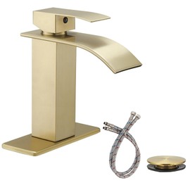 RUITHOE Gold Bathroom Faucet, Waterfall Bathroom Sink Faucet, Single Hole Deck Mounted Single Handle Lavatory Vanity with Pop Up Drain Parts Mixer Tap Basin Modern Bath Brushed Gold