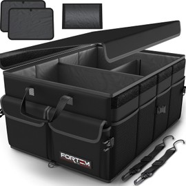 FORTEM Organizador de Maletero Coche y SUV - Organizador de Coche para Almacenamiento - Caja Plegable con 2 Compartimentos Estándar - Base Antideslizante - Cinchas Ajustables - Tapa Extraíble (Negro)