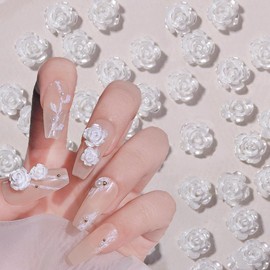 Adurello 50 Pieces Camellia Flower Nail Charms 3D Resin Camellias Nail Glitter Nail Art Rhinestones DIY Nail Art Supplies Decoration for Nail Designs