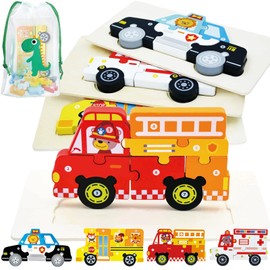 Dr. MUYA Wooden Puzzle for Children 2 3 4 5 Years, Montessori Toy, Educational Wooden Toy, Educational Children's Toy, 4 Pieces, Fire Engine Police Car, Gift for Boys