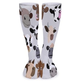 1 Pair Knee High Stockings, Long Soft Compression Crew Foot Circulation Foot Socks for Sports 15.7x3.9 in Print Cow Head Sets Seamless on Grey