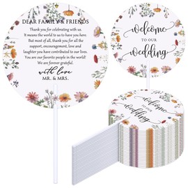 Briwooody 100 Pcs Wedding Hand Fans for Guests Bulk Plastic Round Decorative Fans with Handle for Wedding Party Favors(Wildflower Style)