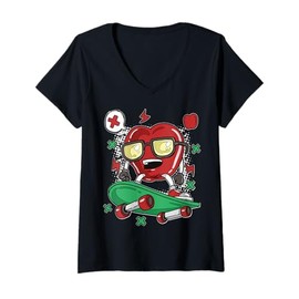 Womens Cute Heart Character Cool Apple Skater Cartoon For Kids V-Neck T-Shirt
