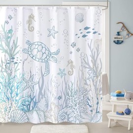 Nautical Coastal Turtle Shower Curtain, Coral Starfish Seashell Ocean Themed Bathroom Curtain, Underwater Seahorse Bathroom Decor Blue 72 x 72 inch