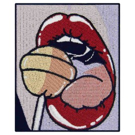 Red Lips Sucking Lollipop Patch Embroidered Applique Badge Iron On Sew On Emblem