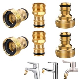 TREABEAR 6pcs Universal Tap Connector in Brass, 1/2 and 3/4 2 in 1 Tap Adapter, Hose Adapter 1/2 Inch Universal Adapter, Tap Hose Adapter for Garden Hose Connection