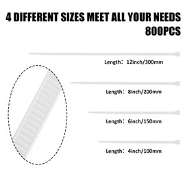 MUKA 800PCS White Assorted 4+6+8+12Inch Multi-Purpose Self-Locking Nylon Cable Ties for Home,Office,Garden,Workshop
