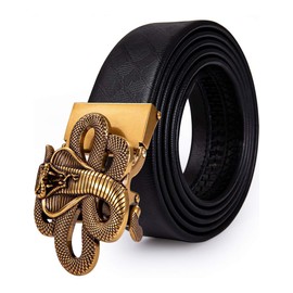 Barry.Wang Mens Gold Snake Belt,Cowhide Belt Automatic Ratchet Buckle Black Leather Business Dress Gift Snake