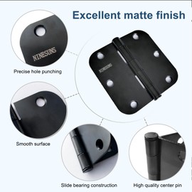 NINE SUNS 3 Pack Door Hinges 3 1/2 Inch - Matte Black Hinges for Doors Silent - 5/8" Radius Round Corners for All Interior Doors - Removable Pin Design for Easy Installation and Maintenance
