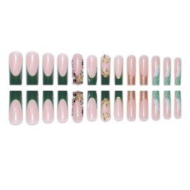 Long Press on Nails Square Green French Tip Fake Nails with 3D Gold Bow Charm Rhinestones Acrylic Nails Press ons Nude Full Cover Glossy Glue Stick on Nails for Women 24 Pcs