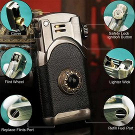 Leather Lighter Soft Flame Antique Style Refillable Vintage Candle Lighters for Collection Gift (Black)