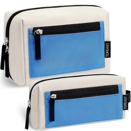 TOPEAST 2 Pieces Makeup Bag, Travel Cosmetic Bag Organizer for Women, Portable Toiletry Pouch Bag Set with Large Capacity, Open-Wide Waterproof Make Up Bag, Beige Blue