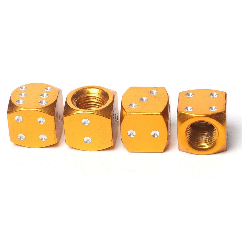 4X Dice Die Gold/Orange Valve Stem Chrome Air Tire Caps