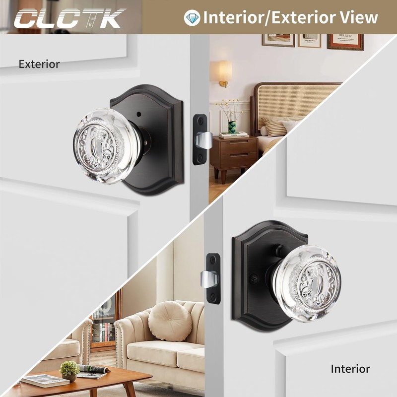 CLCTK Glass Door Knobs Interior with Lock, Crystal Privacy Oil