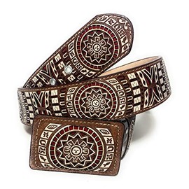 Cinto Charro Azteca, Mens Aztec Calendar Western Belt (Brown/Red, 40)