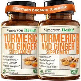 Turmeric Curcumin Supplement with Ginger Root for Joint Support, Digestive & Gut Health - Contains Organic Turmeric Curcumin with Black Pepper (Bioperine) for Enhanced Absorption - 60 Capsules, 2 Pack
