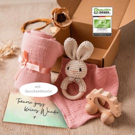 Baby Storch® Baby Gift for Birth Girl, 5-in-1 Set - Muslin Cloth, Bib, Wooden Toy, Rattle, Gift Packaging