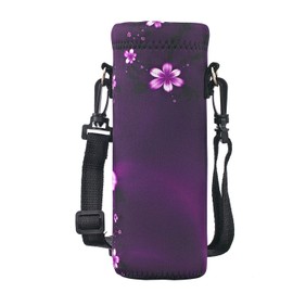 RICHEN Neoprene Water Bottle Carrier Bag with Adjustable Shoulder Strap,Insulated Water Bottle Cover for 500ml/16oz Stainless Steel/Glass/Plastic Bottles (Purple Flowers,500ML)