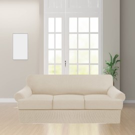 GAMUKAI Premium T-Cushion Sofa Slipcover – 4-Piece Set for T-Cushion Couches (Fits 72"-90") – Soft, Washable Furniture Protector with 3 T-Shaped Seat Covers (Nature, Sofa)