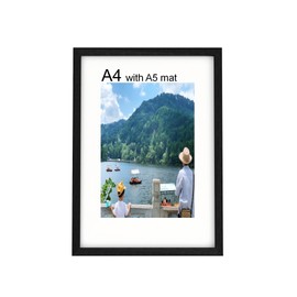 A4 Frame Versatile A4 Picture Frame with Stand Tabletop or Wall Hanging, A4 Black Frame with A5 Mount, Wooden A4 Photo Frames with Plexiglass，Display Landscape or Portrait Orientation, Black