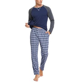 Litherday Men's Long Checked Pyjamas Set with Crew Neck Cotton Sleepwear Winter Pyjamas Two Piece with Pockets Sleepwear for Spring Autumn, Style1-navy, M