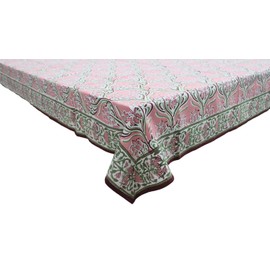 Mango Gifts Indian Hand Block Print 100% Cotton Floral Pink Tablecloth with 6 Napkins