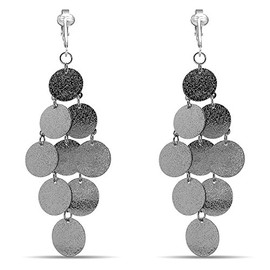 Aloha Earrings Modern Silver Dangle Clip On Earrings for Women & Clip-ons, Non-pierced Ears, Long Dazzling Drop (Silver Round Glitter Dangle)