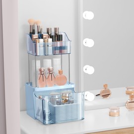 DOADW Makeup Organizer Countertop - 3 Tier Bathroom Organizer Countertop - Multi-Purpose Skin Care Organizer with Drawer for Vanity, Small Cosmetic Counter Organizer (Blue)