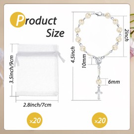 Pack of 20 Christening Rosary Mini Acrylic Rosary Beads Party Bag Rosary White Beads Chains with Bag for Christening Communion Baby Shower Party (Silver)
