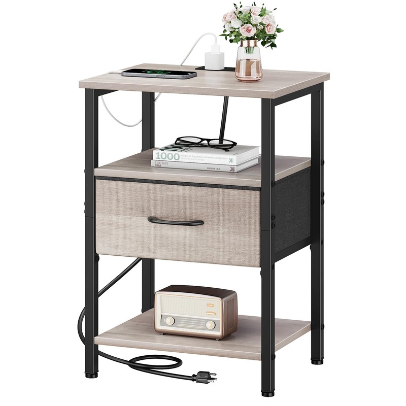 Vagusicc Nightstand with Charging Station, Side Table with Adjustable Drawer,