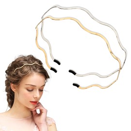 2PCS Metal Headbands for Women, Gold Silver Wavy Headbands, Trendy Hair Accessories, Cute Elastic Hair Bands for Teens and Adults (Gold, Silver)