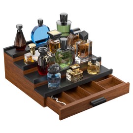 TIRYIUOU Perfume Cologne Organizer for Men: 4 Tier Wooden Perfumes Stand, Desktop Parfum Holder Wood Display Shelf with Cabinet, Bedroom Dresser Makeup Lotion Jewelry Storage Rack with Drawer