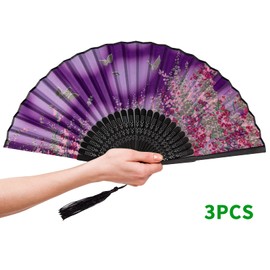 KIMI -HOSI Pack of 3 Hand Fan Hand Folding Fans Bamboo Handheld Folding Fan Chinese Folding Fans with Tassel for Gifts Wall Decoration Party Dance Evening Black Blue Purple