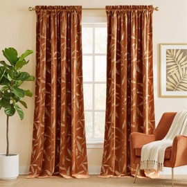 NICETOWN Burnt Orange Velvet Curtains with Gold Foil Leaf Print – Mid-Century Modern Drapes for Living Room, Luxury Vintage Rust Window Treatments for Bedroom & Holiday Decor, Rod Pocket (W50 x L84)