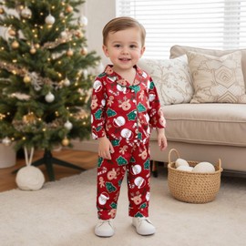Kavousa Kids Baby Boy Girl Christmas Pajamas Gingerbread Man/Santa Claus Print T Shirt + Shorts/Pants Toddler Satin Loungewear (Long Red, 18-24 Months)