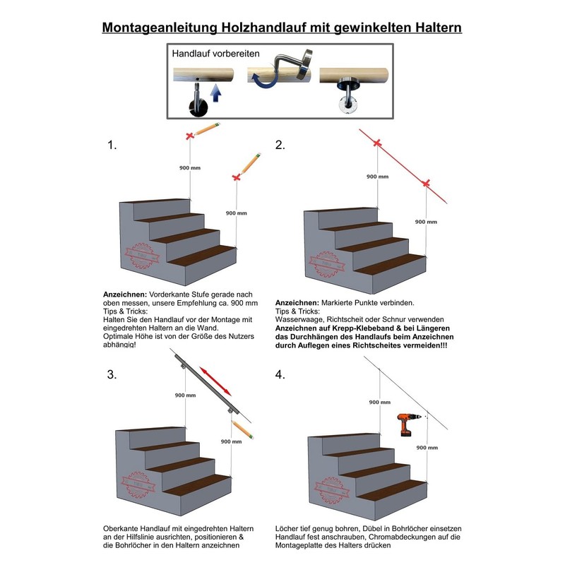 Oak Railing Handrail Set Kit with Angled Holder Various End