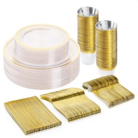 BESTVIP 150PCS Plastic Dinnerware Set (25 Guests), Clear Gold Disposable Plates for Party, Wedding, Christmas, Anniversary, Includes: Dinner Plates, Dessert Plates, Cups, Spoons, Forks and Knives