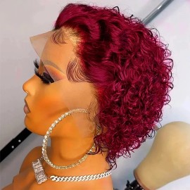 Pixie Cut  99J Color Lace Wig Spring Curl Short  Human Hair Wig for Women Brazilian Burgundy Pixie Cut Wig 6inchcolor: 13*1 99 j curly Pixie Cut Wig, stretched length: 6 Inches, Lace Size: 13x1