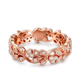 Jeulia Diamond Floral Ring Wedding Band: Sterling Silver Two Tone Leaf Carved Vintage Unique Hollow Flower Rose Gold Jewelry Engagement Bridal Sets Stackable Promise with Gift Box (Rose Gold, 7)