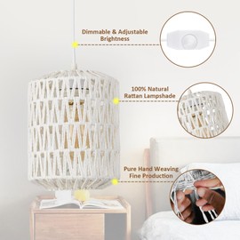 Plug in Pendant Light, Rattan Hanging Lights with Plug in Cord 15ft Dimmable Cord, Hand Woven Wicker Lampshade Hanging Lamp, Boho Plug in Hanging Ceiling Light Fixture for Farmhouse Bedroom White