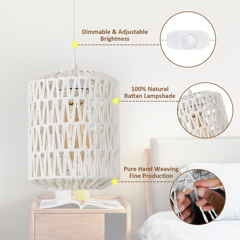 Plug in Pendant Light, Rattan Hanging Lights with Plug in