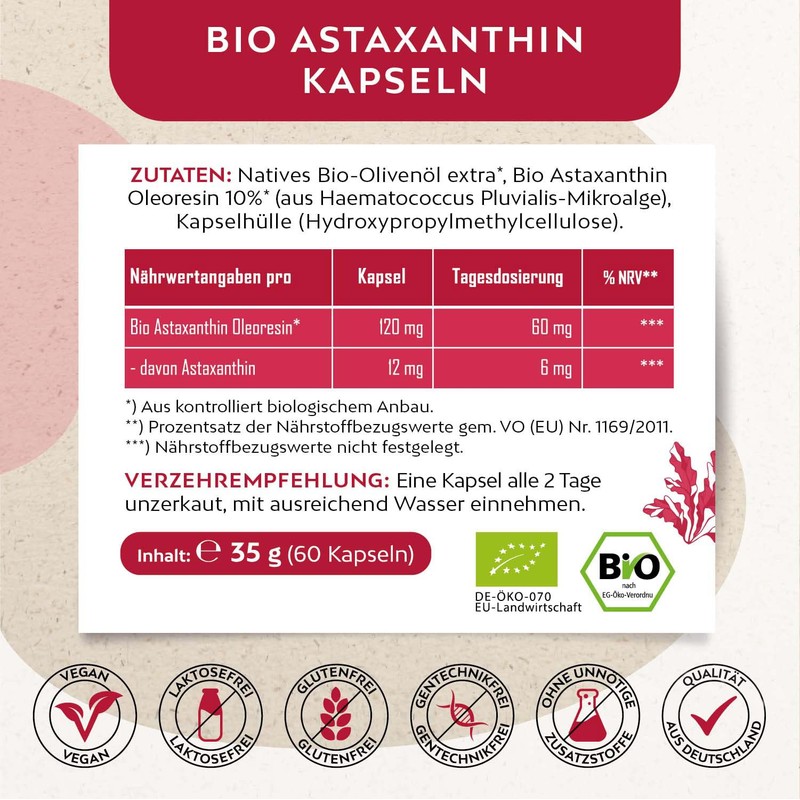Organic Astaxanthin 12 mg I Vegan I 60 Capsules in