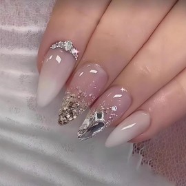 EYZOTSF Press on Almond Nails Medium Length Glossy Full Cover Acrylic Almond Shaped False Nails with Designs Artificial Fake Nail with Charms Glue Stick ons Fingernails for Women Girls(BZ622)