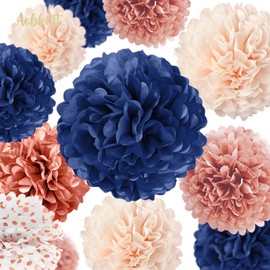 AOBKIAT Rose Gold and Navy Blue Party Decorations Set,Tissue Paper Pom Poms,Paper Garland for Women Engagement Anniversary,30th,40th,50th,60th,Birthday Party Supplies