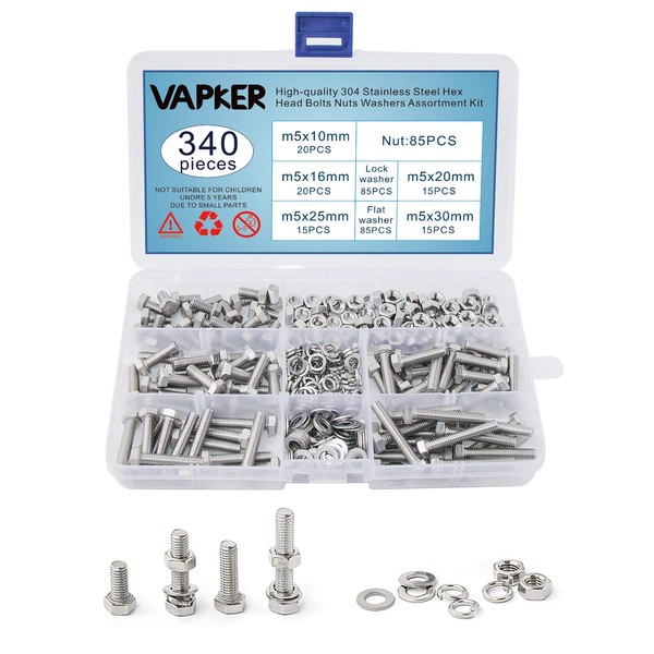 VAPKER 340 Pcs M5 Metric Bolts and Nuts Assortment Kit